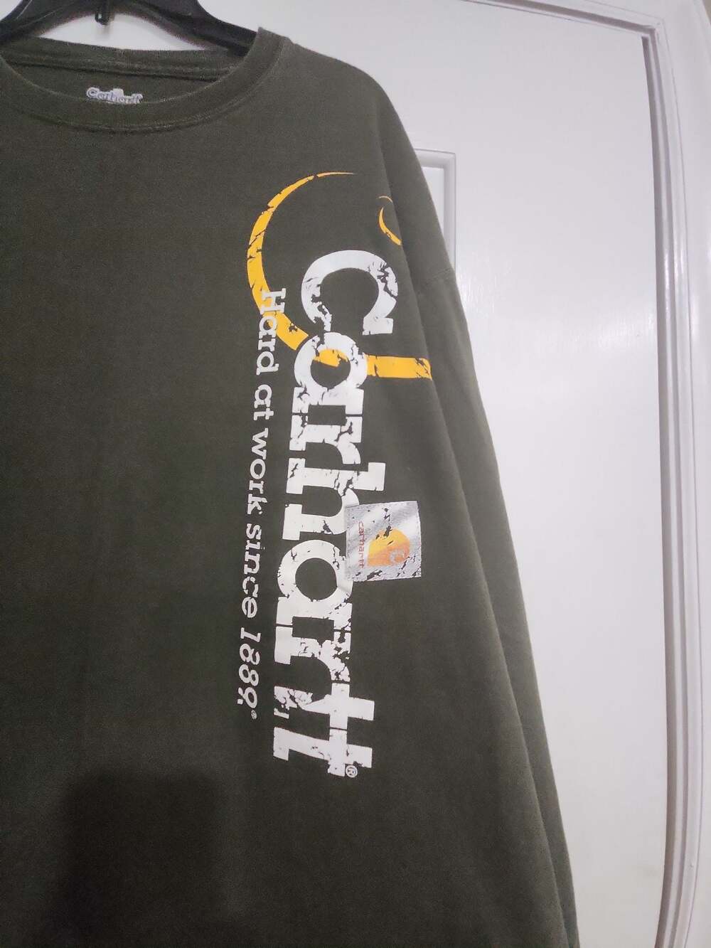 Vintage Carhartt Workwear Spell Out Graphic Green Long Sleeve Tee Shirt (fits Ad - Picture 2 of 6